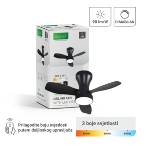 Stropni ventilator sa svjetiljkom Green Tech, 24″, 18W, 3CCT, crni