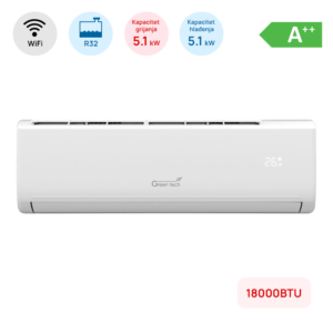 Klima Green Tech 18000BTU, 5.1kW, A++, R32, -22°C ~ 53°C, s grijačem, WiFi, bijela