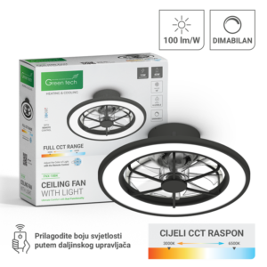 Stropni ventilator sa svjetiljkom Green Tech, 18″, 40W, 3CCT, crni